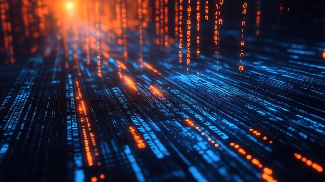 Abstract blue and orange digital binary code matrix background with glowing flare, futuristic big data technology visualization in 3d rendering, representing blockchain, data center, internet network, - Powered by Adobe
