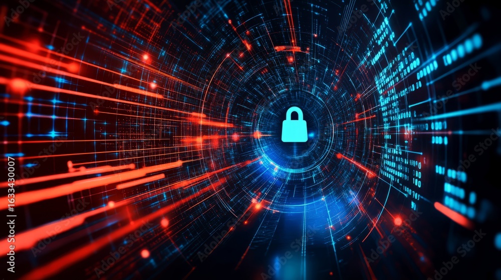 Poster abstract cybersecurity technology background featuring digital data protection with interconnected p