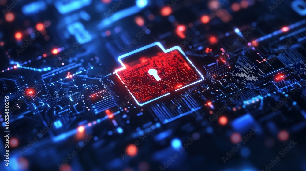 Poster abstract cybersecurity technology background featuring digital data protection with interconnected p