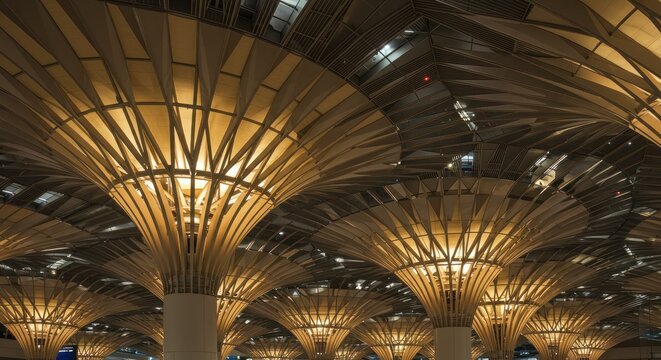 Modern architectural design featuring illuminated support structures in large space
