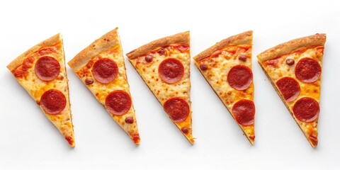 Five slices of pepperoni pizza isolated on white background