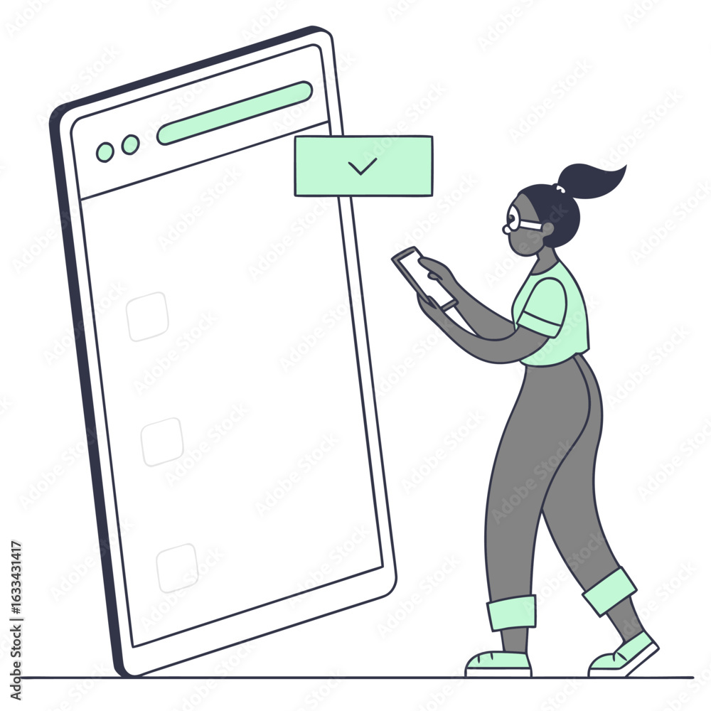Poster a woman interacts with a large digital screen using her smartphone showcasing modern technology and 