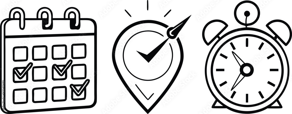 Aufkleber planning and time management concept featuring calendar location pin with check mark and alarm clock