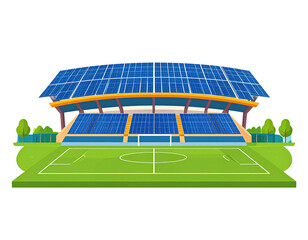 Sustainable football stadium featuring a large solar panel roof over the grandstand and a green pitch.