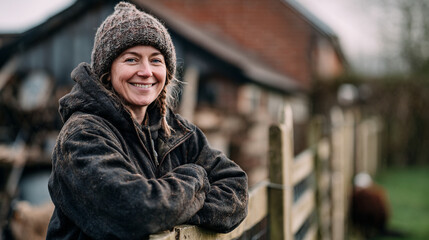 Fototapeta premium Portrait of a smiling woman in work clothes leaning on a wooden fence