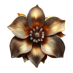 Ornate antique gold metal flower with intricate petal details and sparkling center gem isolated on transparent background