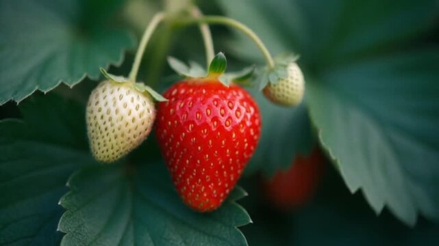Reifende Erdbeeren an der Pflanze in Nahaufnahme