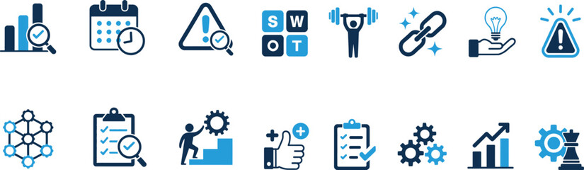 Comprehensive set of business analysis icons for strategic planning, data visualization, and project management concepts.