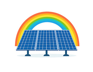 Three blue solar panels for renewable energy with a colorful rainbow arching behind symbolizing a clean sustainable future.