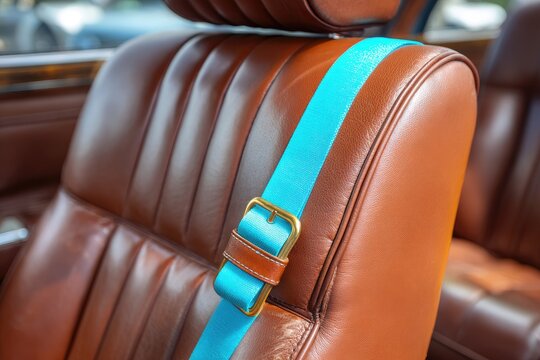Fototapeta Vintage car seat with teal safety belt