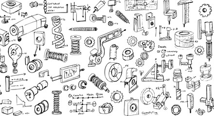Fototapeta premium Mechanical Sketch Assortment: Hand-Drawn Technical Illustrations