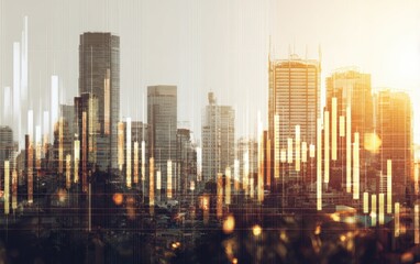 Cityscape overlaid with financial charts