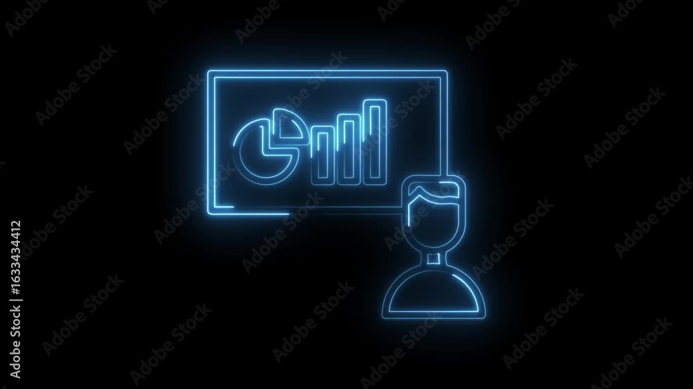 Poster glowing blue neon icon of a person presenting a business chart with graphs and data on a transparent