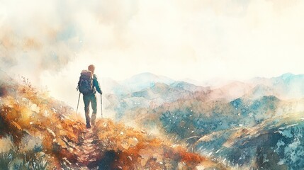 Obraz premium Watercolor hiker ascends mountain path. Soft light bathes the landscape