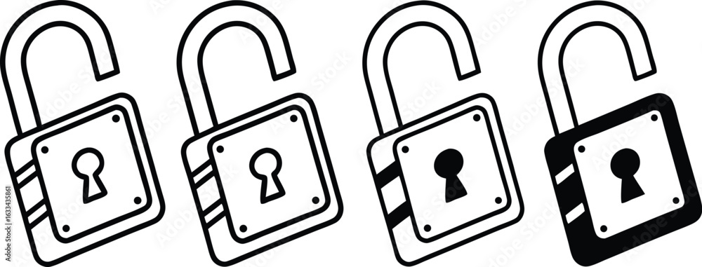 Poster row of open padlocks depicting security access and unlocked concepts with one bold lock illustration