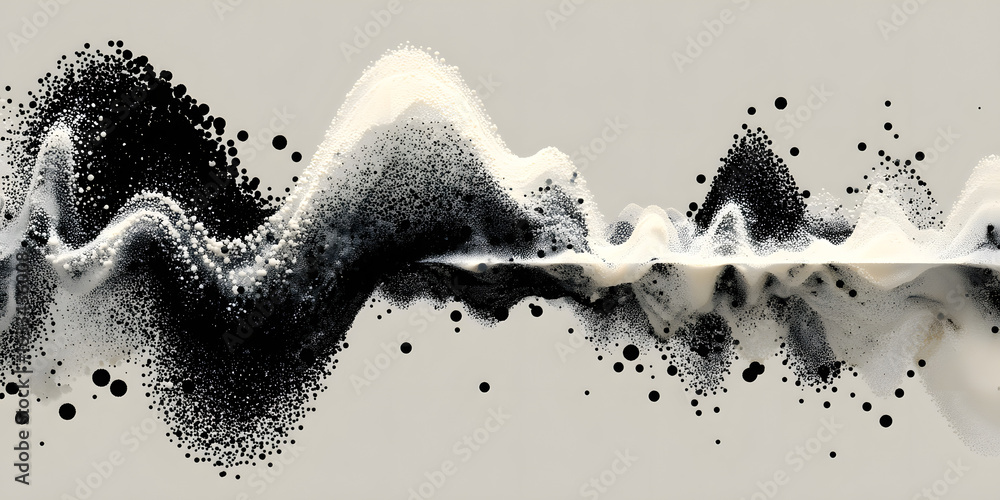 Poster dotted waveform with bold peaks and intricate patterns, transitioning from dense black dots to faint
