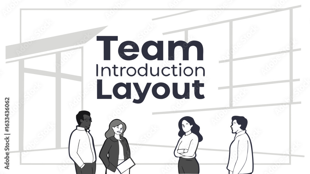Poster modern team introduction layout featuring diverse professionals in a stylized office environment wit