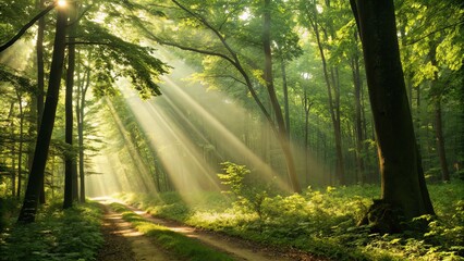 Obraz premium Sunlit Forest Path with Rays of Light