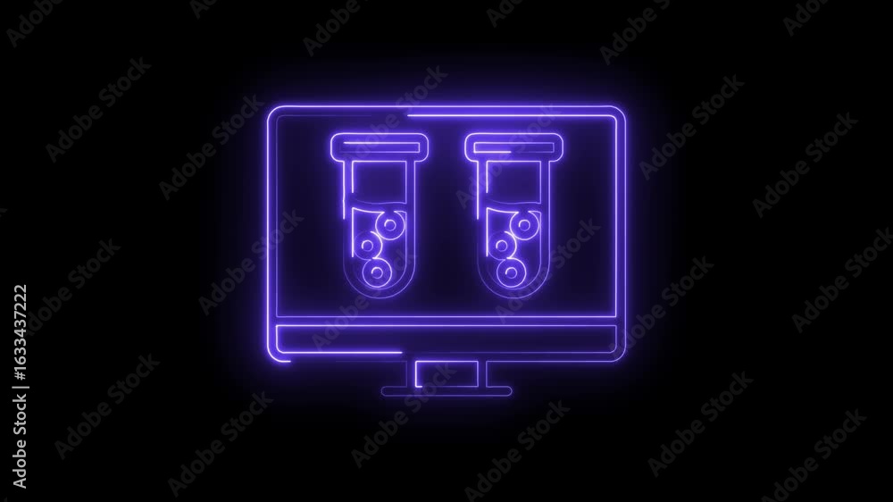 Poster glowing neon purple laboratory test tubes displayed on a computer monitor screen with a transparent 