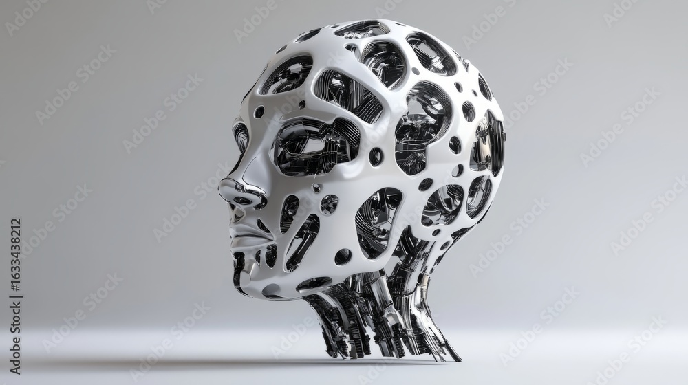 Poster futuristic artificial intelligence conceptual illustration featuring a digital human head with glowi