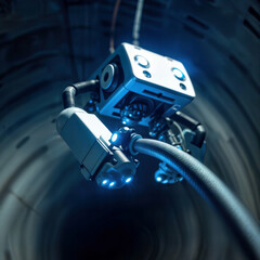 Futuristic robot in a tunnel. A maintenance robot with glowing blue eyes holds a large cable or pipe inside a dark, futuristic industrial tunnel.