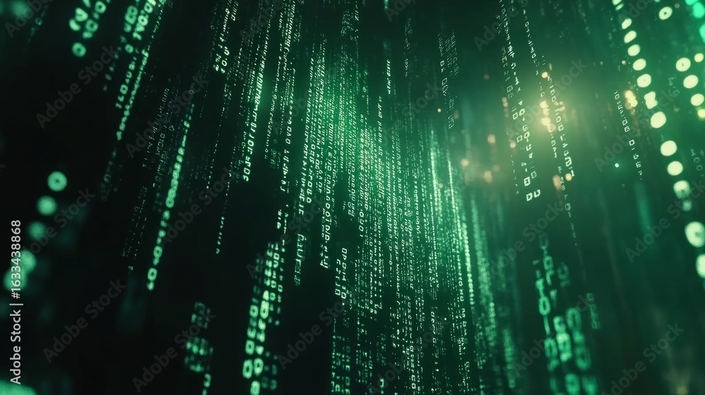 Poster abstract technology background with flowing binary code in bright green digits on a dark green matri