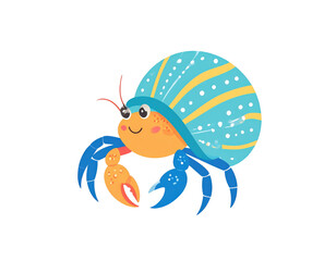 A cute smiling hermit crab with a colorful blue and yellow striped shell blue legs and orange claws.
