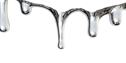 Molten silver liquid dripping isolated on a transparent background metallic fluid