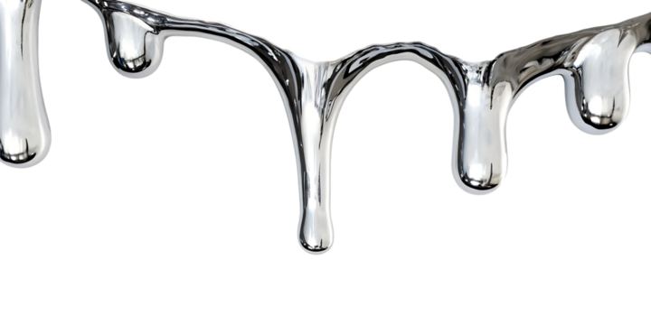 Molten silver liquid dripping isolated on a transparent background metallic fluid