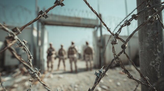 Barbed wire fence with blurred view of armed soldiers guarding a restricted area, symbolizing war zone security, military control, border defense, and conflict environment
- Powered by Adobe