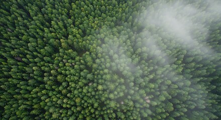 霧に包まれた針葉樹林の航空写真