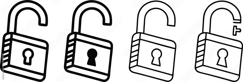 Poster set of four unlocked padlock icons representing security access and freedom in black and white style