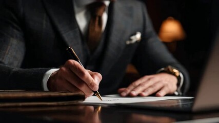 Focused man, professional businessman in suit writing contract document with fountain pen - Powered by Adobe