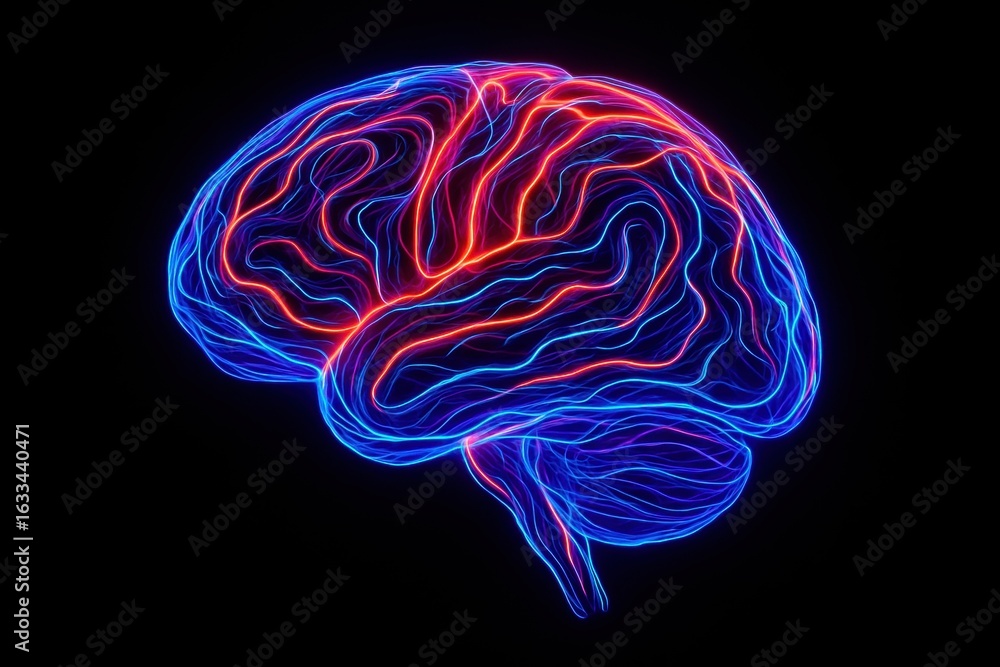 Poster brain neuron activity: a luminous representation of the human brain, illuminated with intricate neur