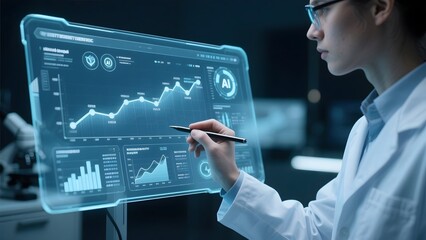 Scientist analyzing data on a futuristic holographic display