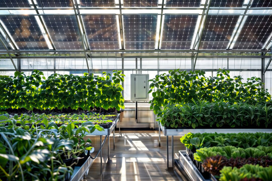 Greenhouse with solar panel roof. A modern greenhouse with lush green plants growing under a roof integrated with semi-transparent solar panels for sustainable farming.