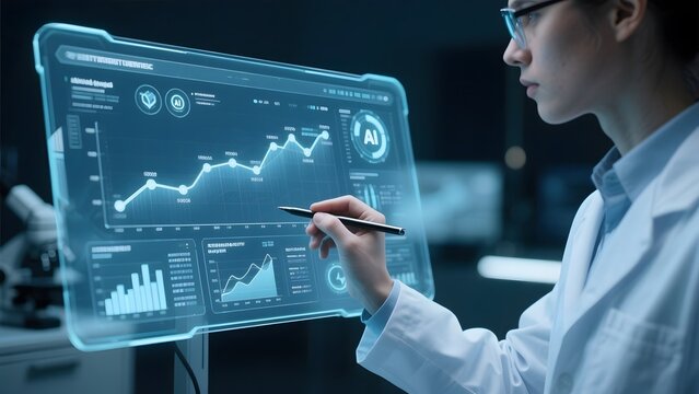 Scientist analyzing data on a futuristic holographic display - Powered by Adobe