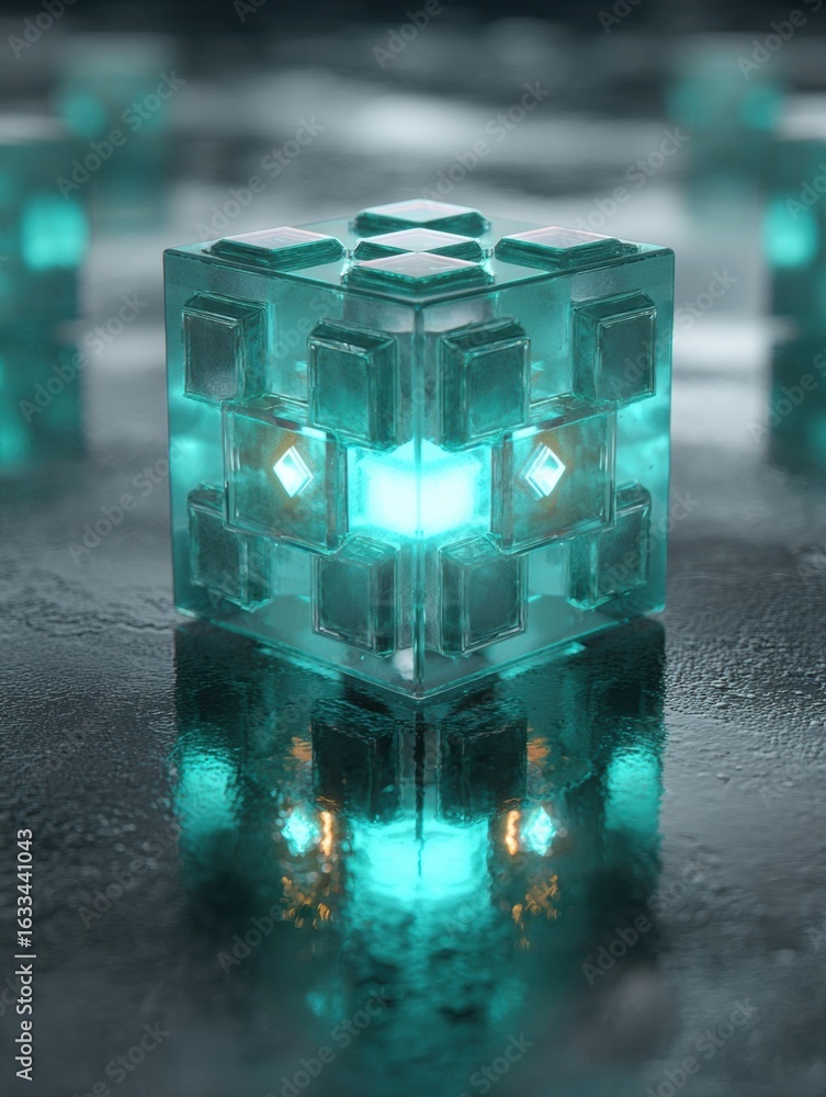 Poster intricate glowing cube design with reflections in a futuristic setting showcasing modern aesthetics