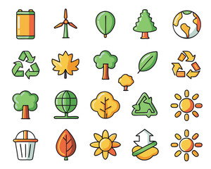 Collection of thin line icons representing natural elements and outdoor activities for digital and print use isolated on transparent background