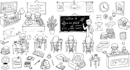 Whimsical Doodle: A Black and White Illustration of a Classroom Scene, Perfect for Coloring Pages