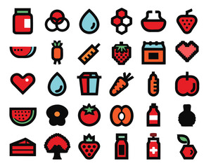 Comprehensive nutrition outline icon set featuring healthy food and wellness elements isolated on transparent background