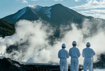 Scientists at geothermal plant. Three engineers in protective suits observe a geothermal energy source with a mountain in the background.