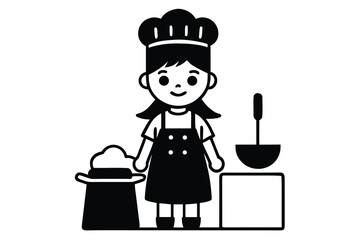 Cartoon Chef Character with Dough, Bowl, and Ladle in Black and White Illustration