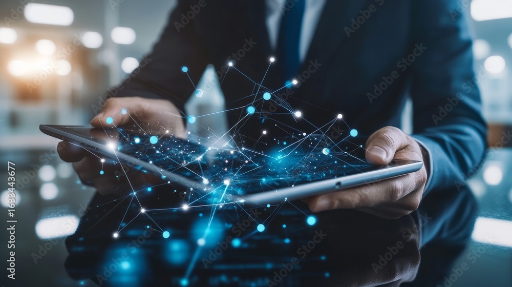 Poster businessman touching tablet and laptop while managing global structure networking and data exchanges