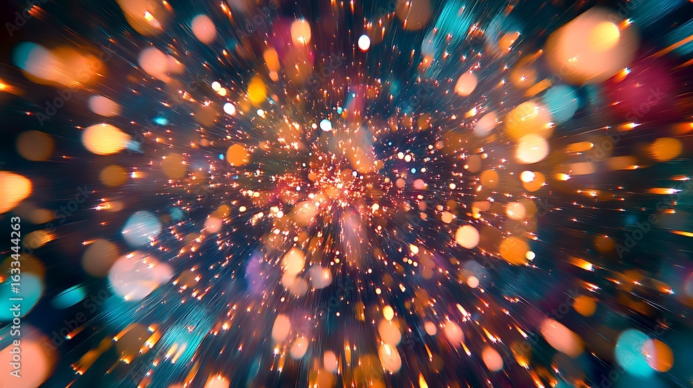 Poster exciting burst of bokeh sparkles creates dynamic abstract background with radiant orange teal colors