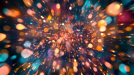 Exciting burst of bokeh sparkles creates dynamic abstract background with radiant orange teal colors for graphic design party invitations celebratory projects concept