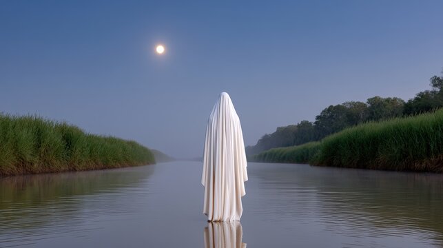 A terrifying ghost over a dark river, glowing mist, moonlight reflection, center open for text