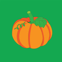 Vibrant Orange Pumpkin with Green Stem and Leaf on a Green Backdrop