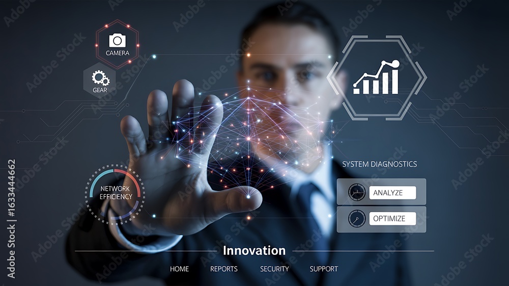 Poster confident businessman interacts with futuristic digital interface analyzing network efficiency and s