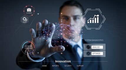 Confident businessman interacts with futuristic digital interface analyzing network efficiency and system diagnostics
